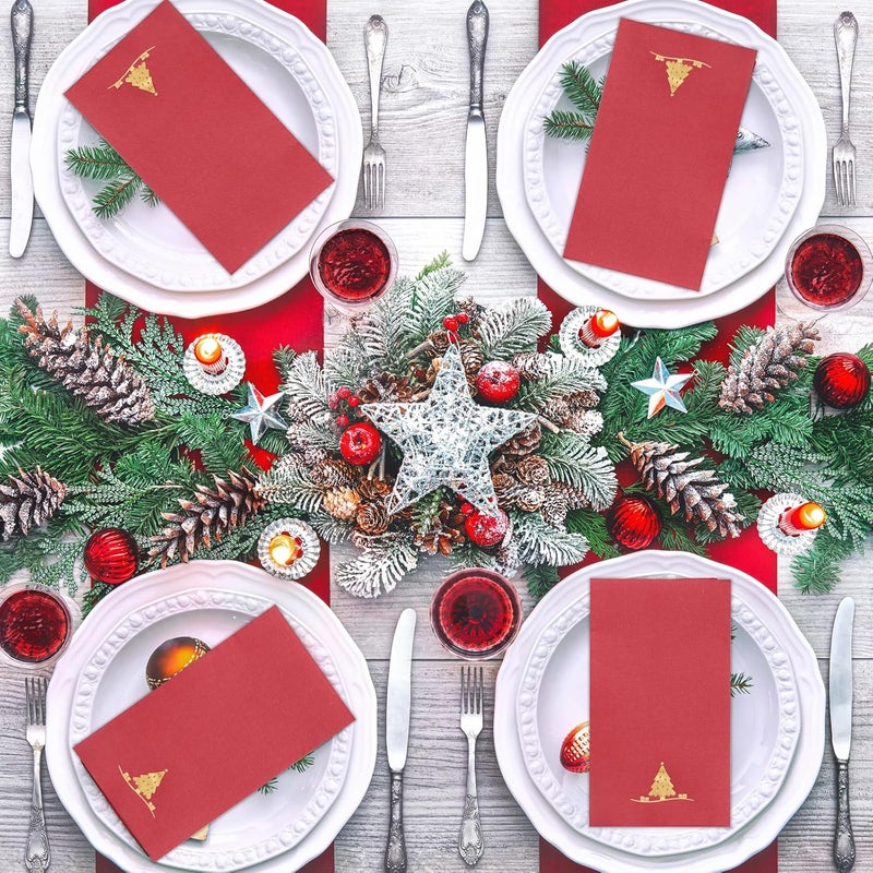 Joyido 200PCS Christmas Napkins Disposable - Heavy Duty Christmas Tree Napkins - Paper Hand Towels - Xmas Red and Gold for Kitchen Bathroom Parties Dinners and Events - Image 5